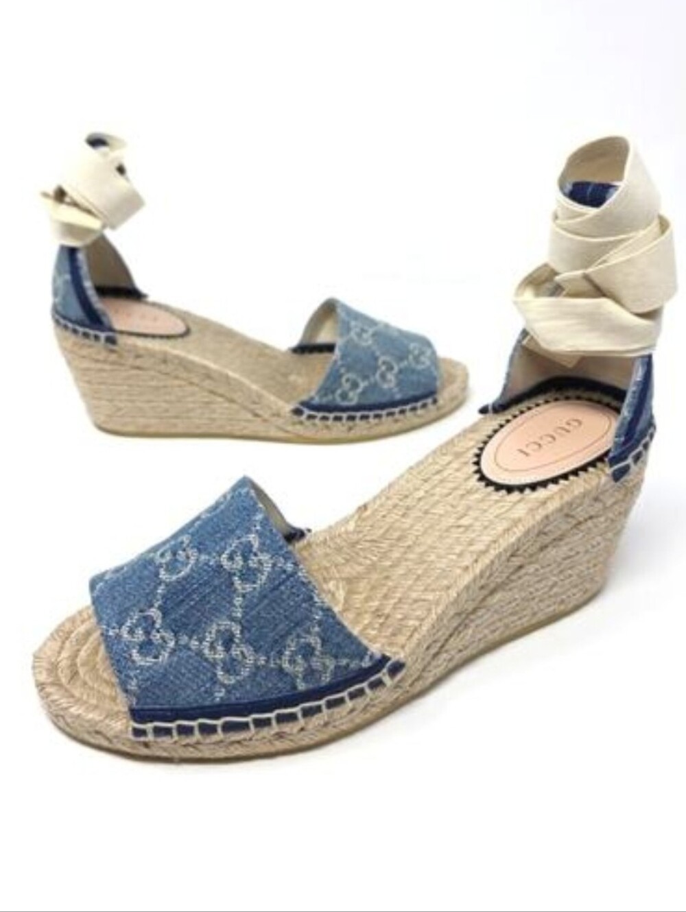 Gucci Pilar Denim Espadrille Platform Wedge Sandals GG Monogram Blue 37 7